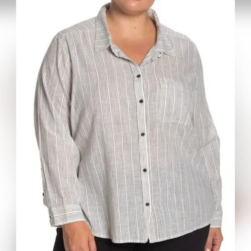Lucky Brand Striped Pinstripe Button Down Shirt Grey White Lightweight 3X, 3